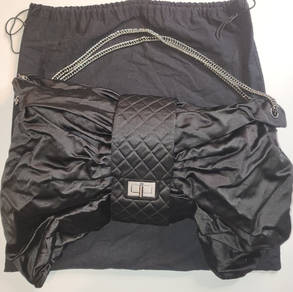 Chanel Black Satin Jumbo Bow Chain Shoulder Bag - Picture 2 of 12
